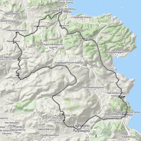 Map miniature of "Scenic Peloponnese Loop" cycling inspiration in Peloponnisos, Greece. Generated by Tarmacs.app cycling route planner