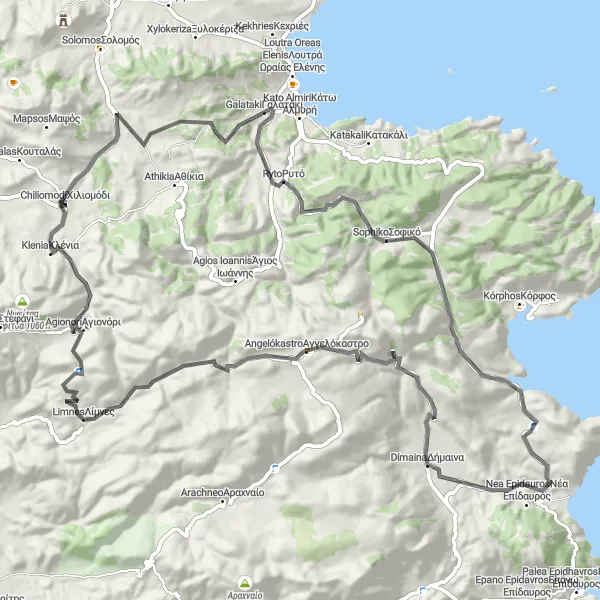 Map miniature of "The Sophiko Adventure" cycling inspiration in Peloponnisos, Greece. Generated by Tarmacs.app cycling route planner