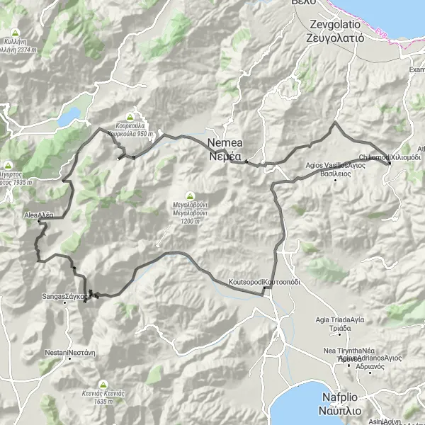 Map miniature of "Dervenakia Explorer" cycling inspiration in Peloponnisos, Greece. Generated by Tarmacs.app cycling route planner