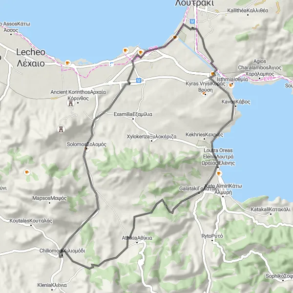 Map miniature of "The Bekianika Loop" cycling inspiration in Peloponnisos, Greece. Generated by Tarmacs.app cycling route planner