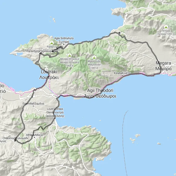 Map miniature of "The Mountain Escape" cycling inspiration in Peloponnisos, Greece. Generated by Tarmacs.app cycling route planner