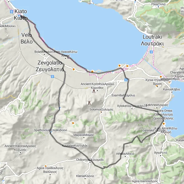 Map miniature of "Korakou Loop" cycling inspiration in Peloponnisos, Greece. Generated by Tarmacs.app cycling route planner