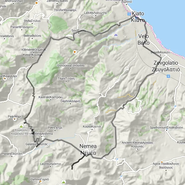 Map miniature of "The Nemea Adventure" cycling inspiration in Peloponnisos, Greece. Generated by Tarmacs.app cycling route planner