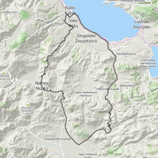 Map miniature of "Ancient Korinthos Challenge" cycling inspiration in Peloponnisos, Greece. Generated by Tarmacs.app cycling route planner