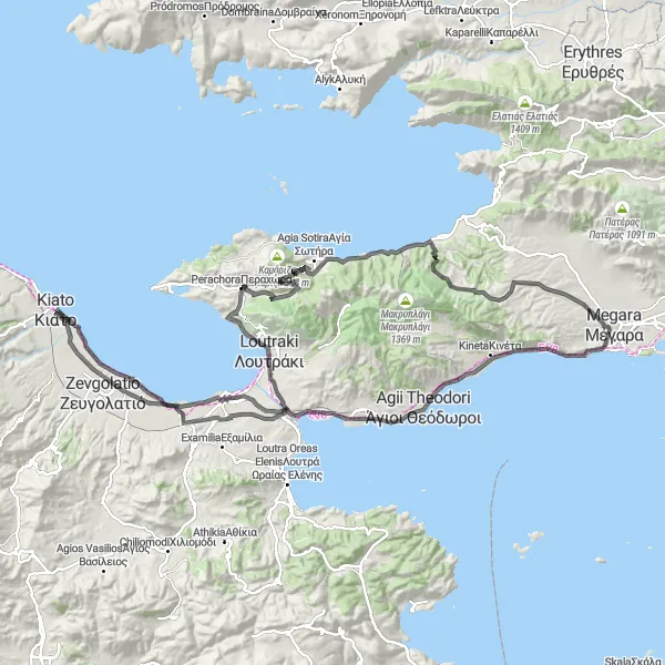 Map miniature of "The Coastal Odyssey" cycling inspiration in Peloponnisos, Greece. Generated by Tarmacs.app cycling route planner