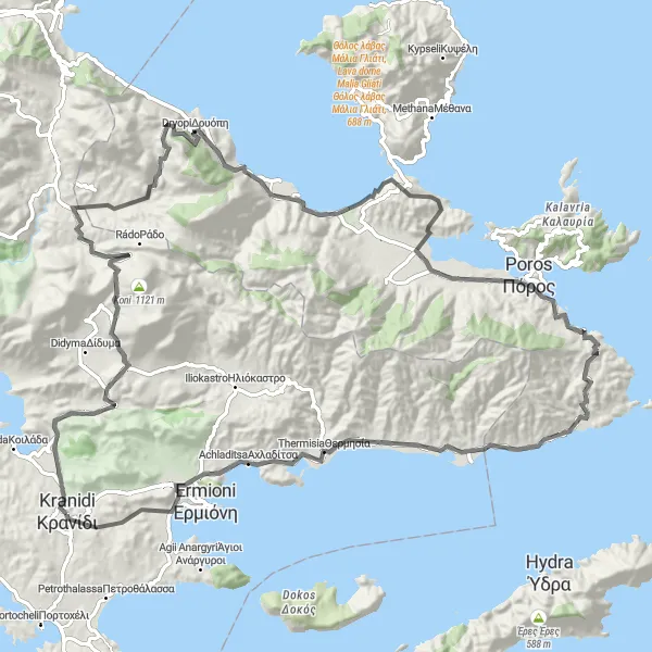 Map miniature of "Kranidi to Thermisia Loop" cycling inspiration in Peloponnisos, Greece. Generated by Tarmacs.app cycling route planner