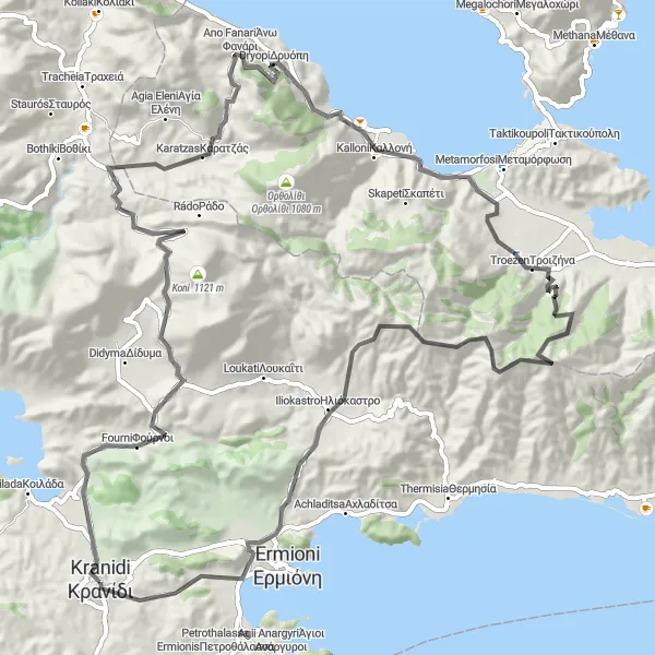 Map miniature of "Kranidi to Troezen Loop" cycling inspiration in Peloponnisos, Greece. Generated by Tarmacs.app cycling route planner