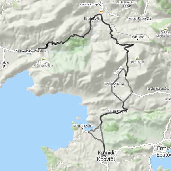 Map miniature of "Kranidi to Δίδυμα Loop" cycling inspiration in Peloponnisos, Greece. Generated by Tarmacs.app cycling route planner