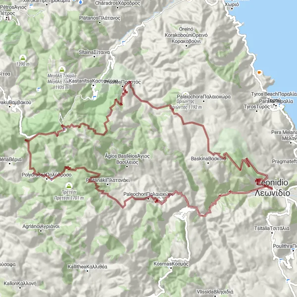 Map miniature of "Gravel Adventure to Polydrosso" cycling inspiration in Peloponnisos, Greece. Generated by Tarmacs.app cycling route planner