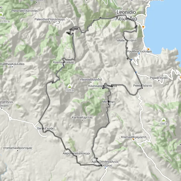 Map miniature of "Leonidio Epic Road Cycling Route" cycling inspiration in Peloponnisos, Greece. Generated by Tarmacs.app cycling route planner