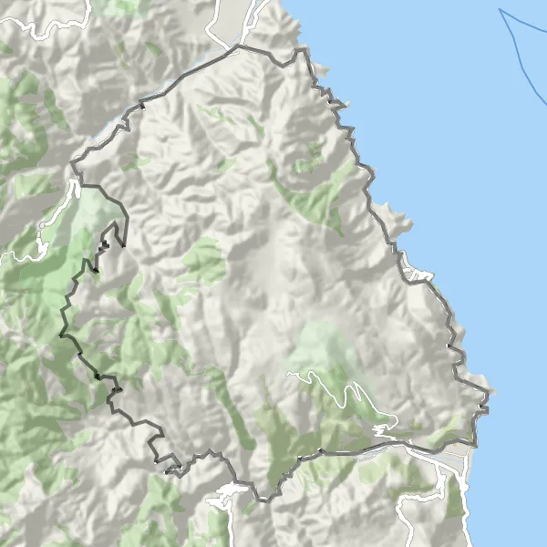 Map miniature of "Leonídio Coastal Road" cycling inspiration in Peloponnisos, Greece. Generated by Tarmacs.app cycling route planner