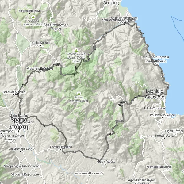 Map miniature of "The Ultimate Peloponnisos Cycling Challenge" cycling inspiration in Peloponnisos, Greece. Generated by Tarmacs.app cycling route planner