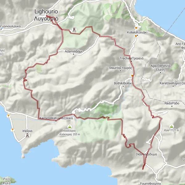 Map miniature of "Ligourion Gravel Adventure" cycling inspiration in Peloponnisos, Greece. Generated by Tarmacs.app cycling route planner