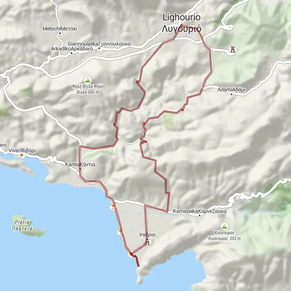 Map miniature of "Ligourión Gravel Adventure" cycling inspiration in Peloponnisos, Greece. Generated by Tarmacs.app cycling route planner