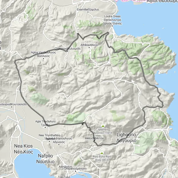 Map miniature of "Coastal Road Adventure" cycling inspiration in Peloponnisos, Greece. Generated by Tarmacs.app cycling route planner