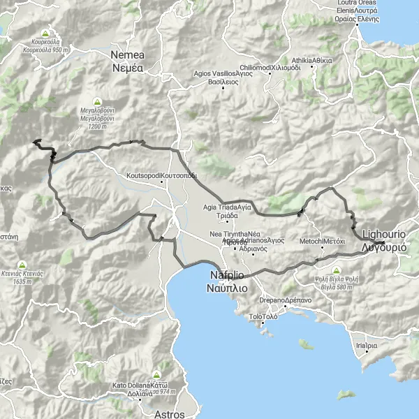 Map miniature of "Mesmerizing Peloponnisos" cycling inspiration in Peloponnisos, Greece. Generated by Tarmacs.app cycling route planner