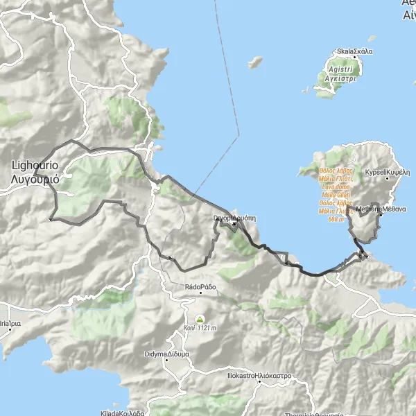 Map miniature of "Coastal Delight" cycling inspiration in Peloponnisos, Greece. Generated by Tarmacs.app cycling route planner