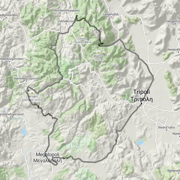 Map miniature of "Mountains of Mainalo Epic" cycling inspiration in Peloponnisos, Greece. Generated by Tarmacs.app cycling route planner