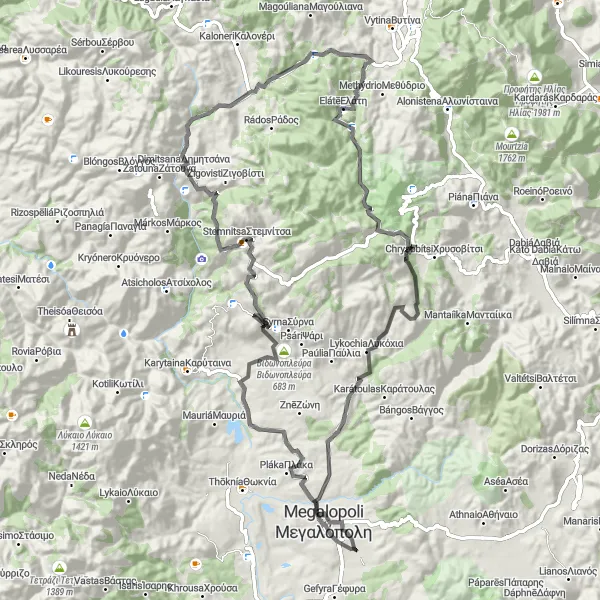 Map miniature of "Mountains and Villages" cycling inspiration in Peloponnisos, Greece. Generated by Tarmacs.app cycling route planner