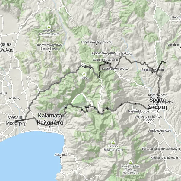 Map miniature of "Mountains, Coastal Roads, and Historic Delights" cycling inspiration in Peloponnisos, Greece. Generated by Tarmacs.app cycling route planner