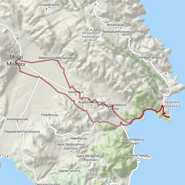 Map miniature of "Gravel Magic in Peloponnisos" cycling inspiration in Peloponnisos, Greece. Generated by Tarmacs.app cycling route planner