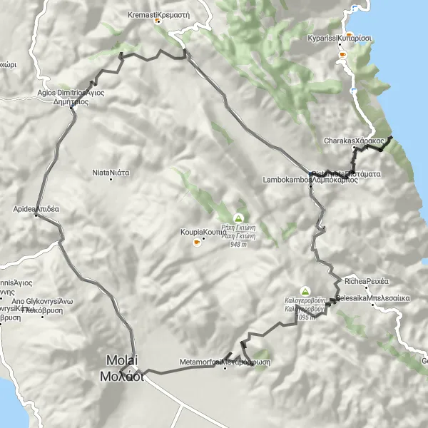 Map miniature of "The Peloponnisos Challenge" cycling inspiration in Peloponnisos, Greece. Generated by Tarmacs.app cycling route planner