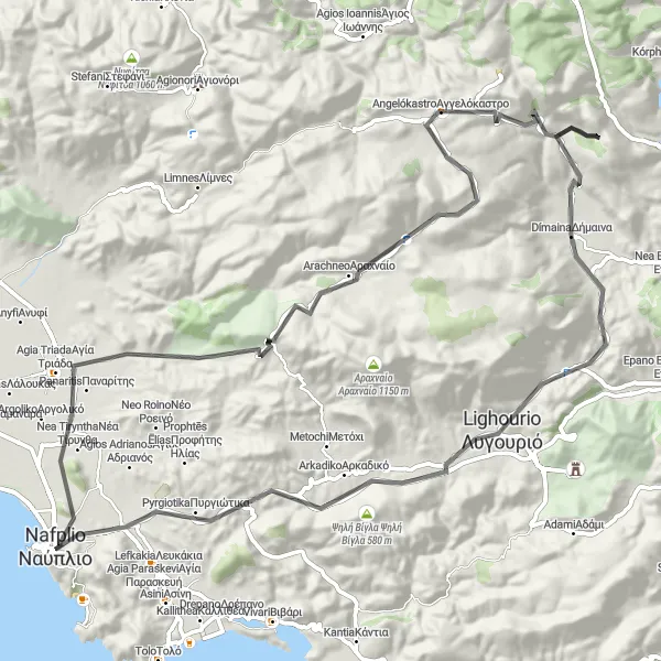 Map miniature of "Náfplio Coastal Road Cycling" cycling inspiration in Peloponnisos, Greece. Generated by Tarmacs.app cycling route planner