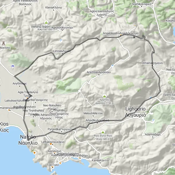 Map miniature of "Náfplio - Palamidi Loop" cycling inspiration in Peloponnisos, Greece. Generated by Tarmacs.app cycling route planner