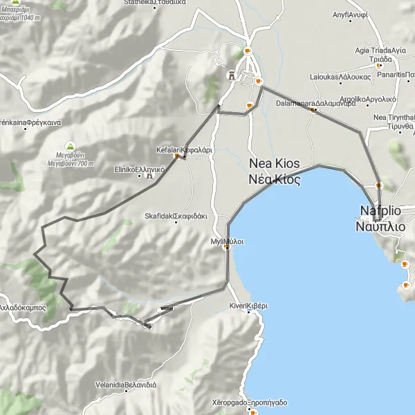 Map miniature of "Náfplio Hillside Adventure" cycling inspiration in Peloponnisos, Greece. Generated by Tarmacs.app cycling route planner