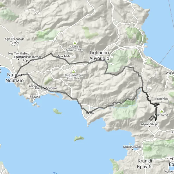Map miniature of "Náfplio - Great Doline of Didyma Adventure" cycling inspiration in Peloponnisos, Greece. Generated by Tarmacs.app cycling route planner