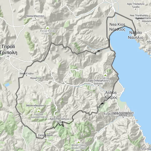 Map miniature of "Peloponnisos Road Cycling Tour" cycling inspiration in Peloponnisos, Greece. Generated by Tarmacs.app cycling route planner