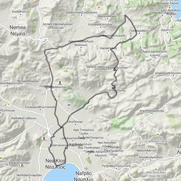 Map miniature of "Inachos and Dervenakia Circuit" cycling inspiration in Peloponnisos, Greece. Generated by Tarmacs.app cycling route planner