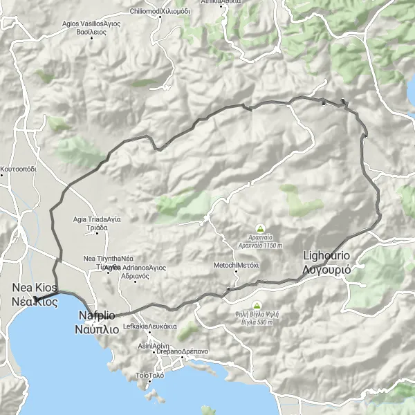 Map miniature of "Neo Irakio and Prosima Circuit" cycling inspiration in Peloponnisos, Greece. Generated by Tarmacs.app cycling route planner