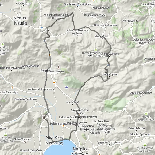 Map miniature of "Néa Kíos - Aspida Round Trip" cycling inspiration in Peloponnisos, Greece. Generated by Tarmacs.app cycling route planner