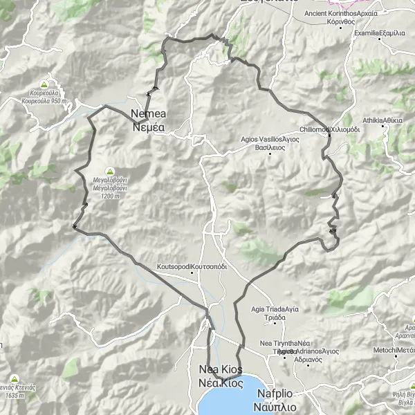 Map miniature of "Nemea and Nea Kios Loop" cycling inspiration in Peloponnisos, Greece. Generated by Tarmacs.app cycling route planner