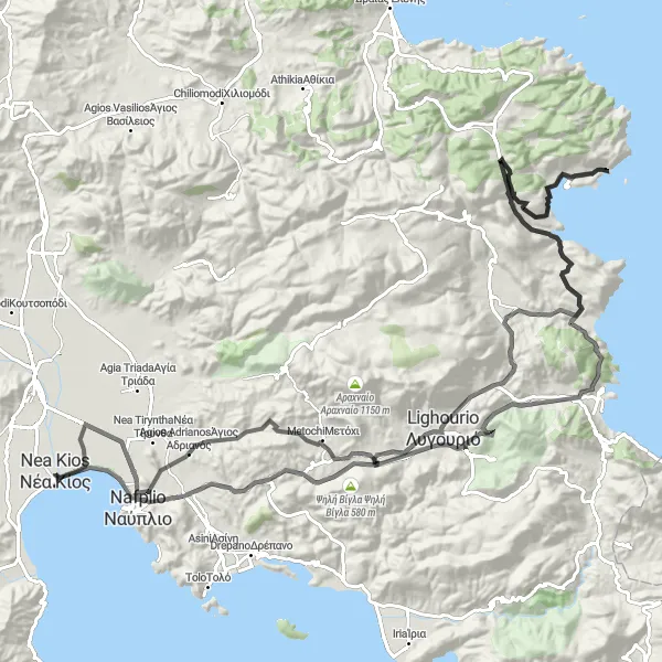 Map miniature of "Néa Kíos - Larisi Castle Round Trip" cycling inspiration in Peloponnisos, Greece. Generated by Tarmacs.app cycling route planner