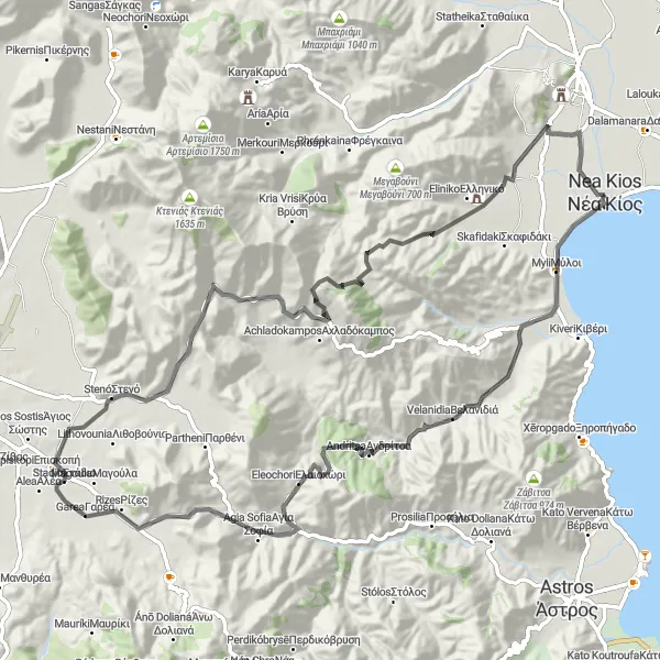 Map miniature of "Néa Kíos - Nea Kios Loop 2" cycling inspiration in Peloponnisos, Greece. Generated by Tarmacs.app cycling route planner