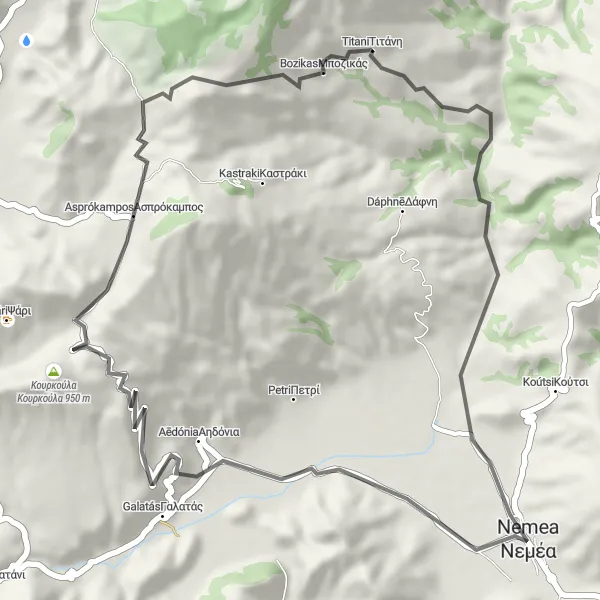 Map miniature of "The Serene Loop" cycling inspiration in Peloponnisos, Greece. Generated by Tarmacs.app cycling route planner