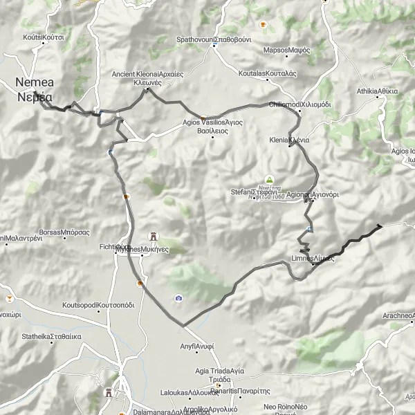 Map miniature of "Lake Explorations and Mythical Routes" cycling inspiration in Peloponnisos, Greece. Generated by Tarmacs.app cycling route planner