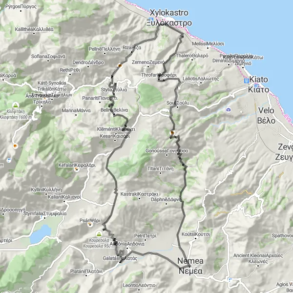 Map miniature of "The Hillside Journey" cycling inspiration in Peloponnisos, Greece. Generated by Tarmacs.app cycling route planner