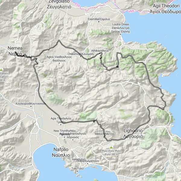 Map miniature of "Mountains and Mythology" cycling inspiration in Peloponnisos, Greece. Generated by Tarmacs.app cycling route planner