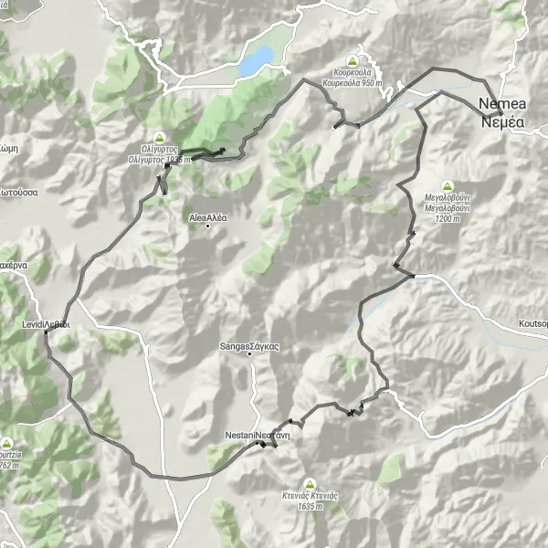 Map miniature of "The Mountain Odyssey" cycling inspiration in Peloponnisos, Greece. Generated by Tarmacs.app cycling route planner