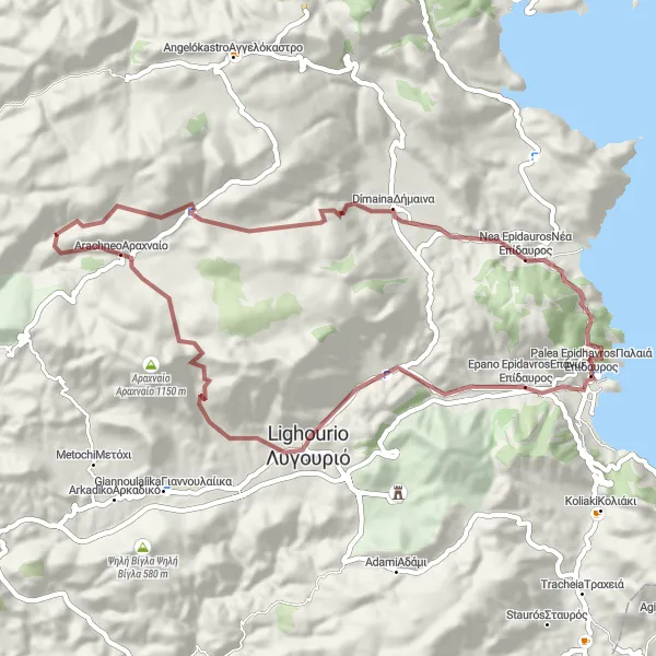 Map miniature of "Gravel Adventure" cycling inspiration in Peloponnisos, Greece. Generated by Tarmacs.app cycling route planner