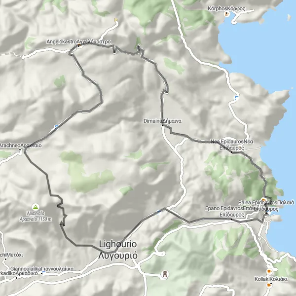 Map miniature of "Epano Epidavros Exploration" cycling inspiration in Peloponnisos, Greece. Generated by Tarmacs.app cycling route planner