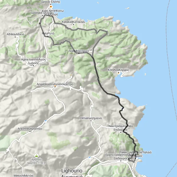 Map miniature of "Coastal Serenity" cycling inspiration in Peloponnisos, Greece. Generated by Tarmacs.app cycling route planner