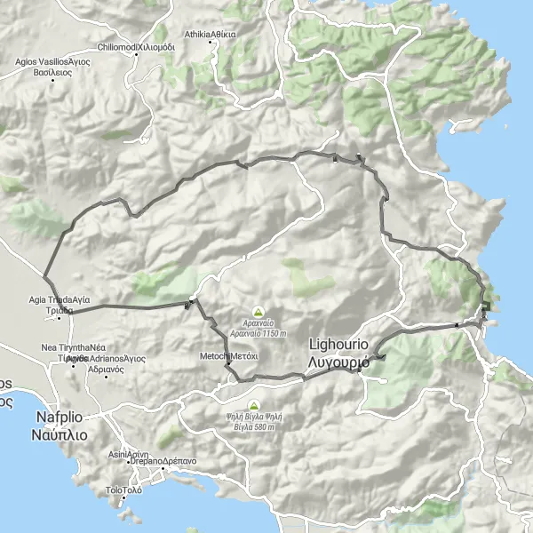 Map miniature of "Mountain Challenge" cycling inspiration in Peloponnisos, Greece. Generated by Tarmacs.app cycling route planner