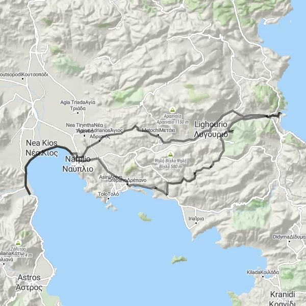 Map miniature of "Historical and Scenic Route to Ancient Epidavros" cycling inspiration in Peloponnisos, Greece. Generated by Tarmacs.app cycling route planner