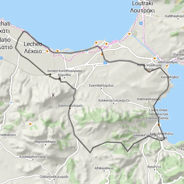 Map miniature of "Coastal Delights" cycling inspiration in Peloponnisos, Greece. Generated by Tarmacs.app cycling route planner