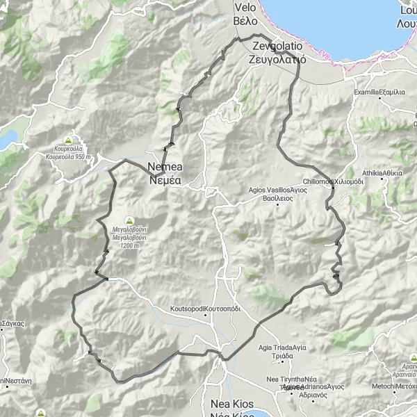 Map miniature of "Mount Chiliomodi Loop" cycling inspiration in Peloponnisos, Greece. Generated by Tarmacs.app cycling route planner