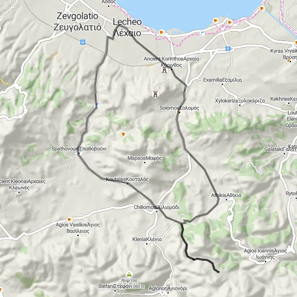 Map miniature of "The Periyiáli Loop" cycling inspiration in Peloponnisos, Greece. Generated by Tarmacs.app cycling route planner
